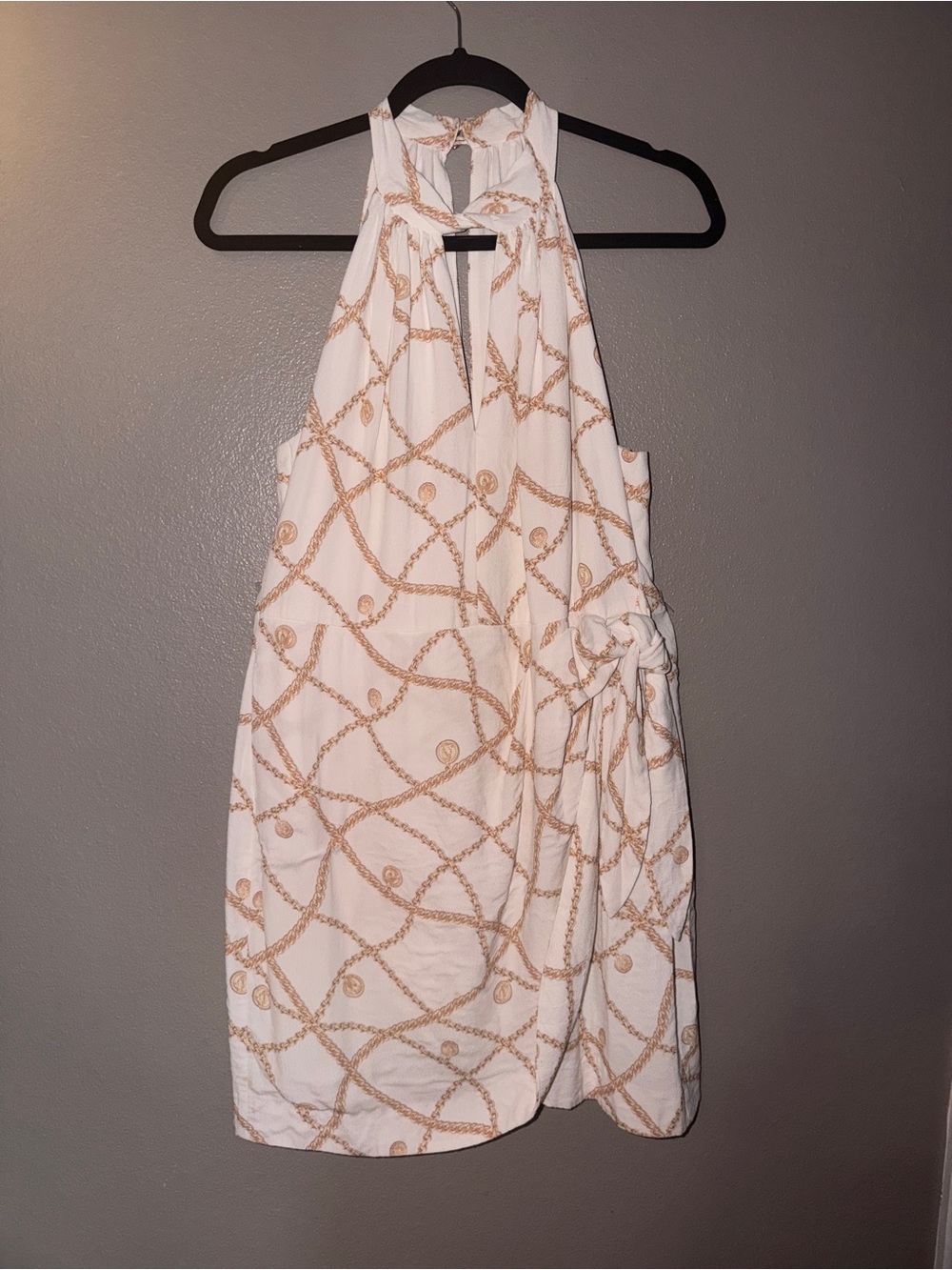 Forever New White Halter Mini Dress with Tan Rope Print